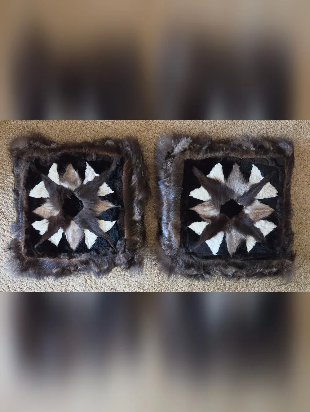 Authentic Alaskan Fur Pillows with Star Design - Brown & Cream